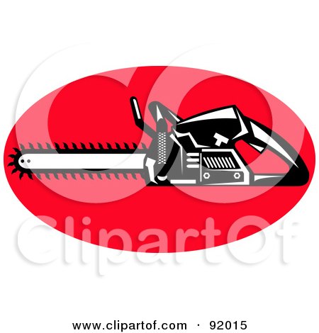 Royalty-Free (RF) Clipart Illustration of a Retro Styled Logo Of A Black And White Chainsaw On A Red Oval by patrimonio