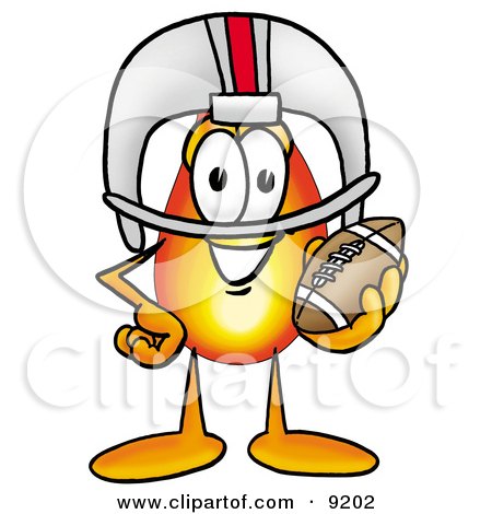 Clipart Picture of a Flame Mascot Cartoon Character in a Helmet, Holding a Football by Mascot Junction