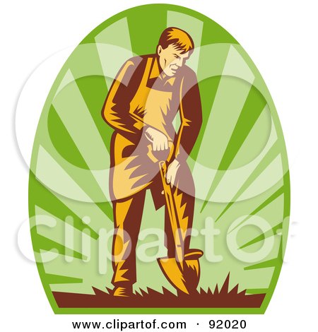 Royalty-Free (RF) Clipart Illustration of a Retro Styled Logo Of A Male Gardener Using A Shovel On A Green Oval by patrimonio