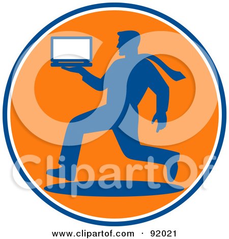 Royalty-Free (RF) Clipart Illustration of a Blue And Orange Logo Design Of A Businsesman Running With A Laptop by patrimonio