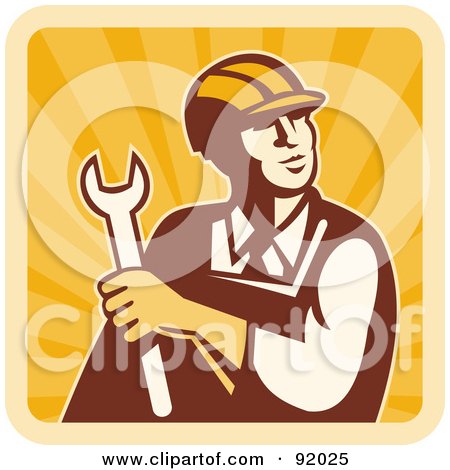 Royalty-Free (RF) Clipart Illustration of a Male Construction Worker Holding A Wrench And Looking Up, On A Sunny Square by patrimonio