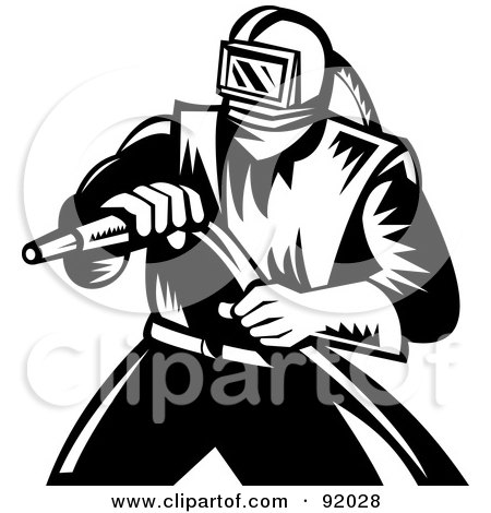 Royalty-Free (RF) Clipart Illustration of a Retro Black And White Sand Blaster Man Holding A Hose by patrimonio