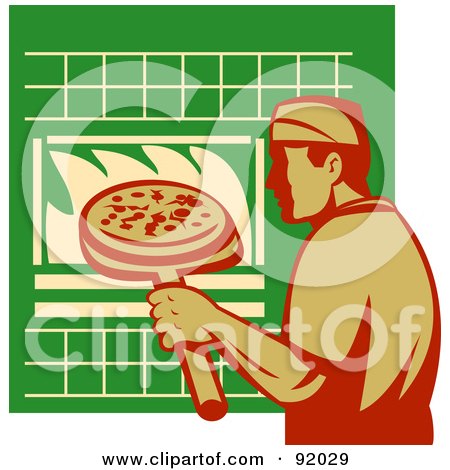 Royalty-Free (RF) Clipart Illustration of a Male Chef Putting A Pizza In An Oven by patrimonio