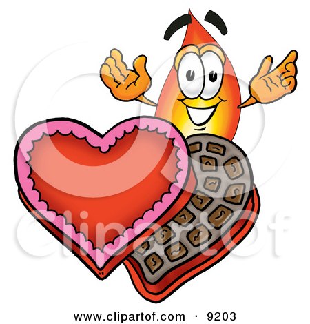 Clipart Picture of a Flame Mascot Cartoon Character With an Open Box of Valentines Day Chocolate Candies by Mascot Junction