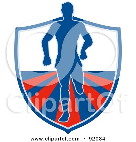 Royalty-Free (RF) Clipart Illustration of a Blue And Red Logo Of A Male Runner Over A Shield by patrimonio