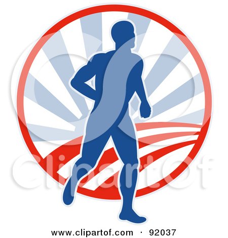 Royalty-Free (RF) Clipart Illustration of a Blue And Red Logo Of A Male Runner Over A Circle by patrimonio