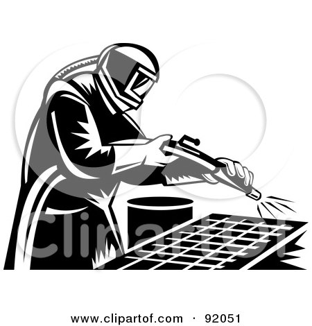 Royalty-Free (RF) Clipart Illustration of a Retro Black And White Sand Blaster Man At Work by patrimonio