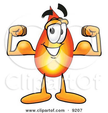Clipart Picture of a Flame Mascot Cartoon Character Flexing His Arm Muscles by Mascot Junction