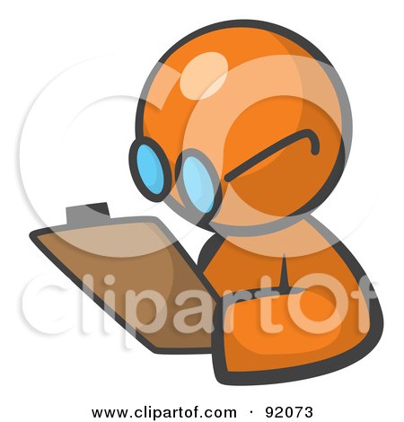 Royalty-Free (RF) Clipart Illustration of an Orange Man Avatar Writing Notes On A Clipboard by Leo Blanchette