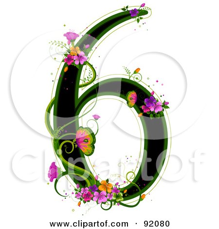 Royalty-Free (RF) Clipart Illustration of a Black Number 6, Outlined In Green, With Colorful Flowers And Butterflies by BNP Design Studio