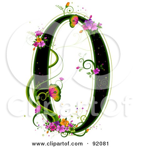 Royalty-Free (RF) Clipart Illustration of a Black Number 0, Outlined In Green, With Colorful Flowers And Butterflies by BNP Design Studio