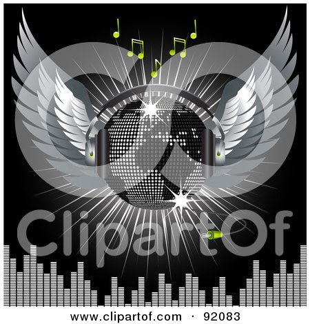 Royalty-Free (RF) Clipart Illustration of a World Map On A Winged Silver Disco Ball With Corded Headphones, Over Music, A Burst And Equalizer On Black by elaineitalia