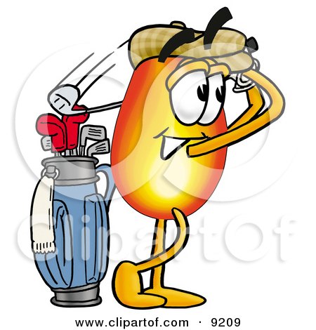 Clipart Picture of a Flame Mascot Cartoon Character Swinging His Golf Club While Golfing by Mascot Junction