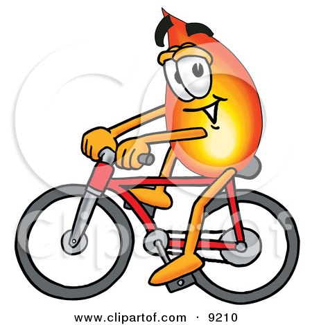 Clipart Picture of a Flame Mascot Cartoon Character Riding a Bicycle by Mascot Junction