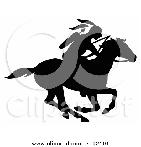 Royalty-Free (RF) Clipart Illustration of a Black Silhouetted Native American With A Bow And Arrows, Riding On A Running Horse by C Charley-Franzwa
