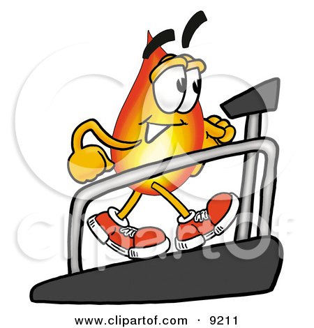 Clipart Picture of a Flame Mascot Cartoon Character Walking on a Treadmill in a Fitness Gym by Mascot Junction