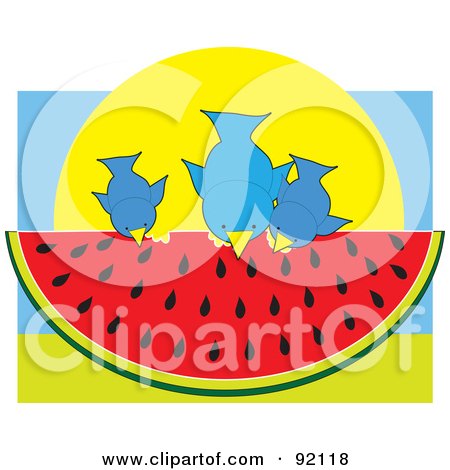 Royalty-Free (RF) Clipart Illustration of a Three Blue Birds Sitting On And Eating A Slice Of Watermelon by Maria Bell