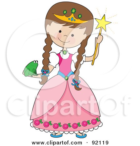 Royalty-Free (RF) Clipart Illustration of a Brunette Girl Holding A Frog And Dressed In A Princess Costume by Maria Bell