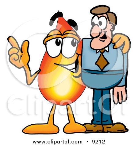 Clipart Picture of a Flame Mascot Cartoon Character Talking to a Business Man by Mascot Junction