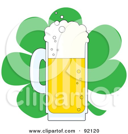 Royalty-Free (RF) Clipart Illustration of a Frothy Mug Of Beer In Front Of A Green St Patricks Day Clover by Maria Bell