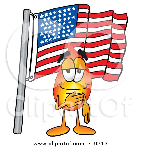Clipart Picture of a Flame Mascot Cartoon Character Pledging Allegiance to an American Flag by Mascot Junction