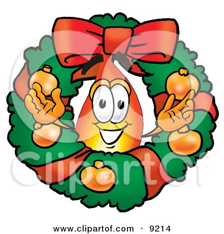Clipart Picture of a Flame Mascot Cartoon Character in the Center of a Christmas Wreath by Mascot Junction