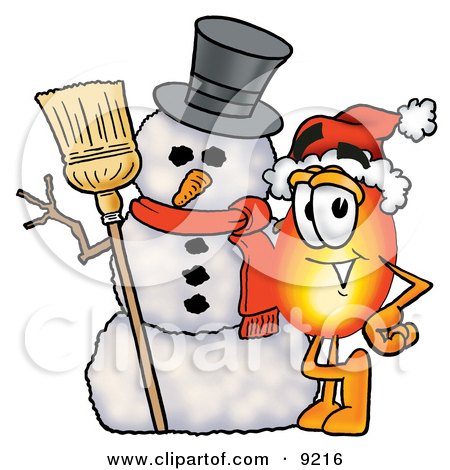 Clipart Picture of a Flame Mascot Cartoon Character With a Snowman on Christmas by Mascot Junction
