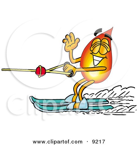 Clipart Picture of a Flame Mascot Cartoon Character Waving While Water Skiing by Mascot Junction