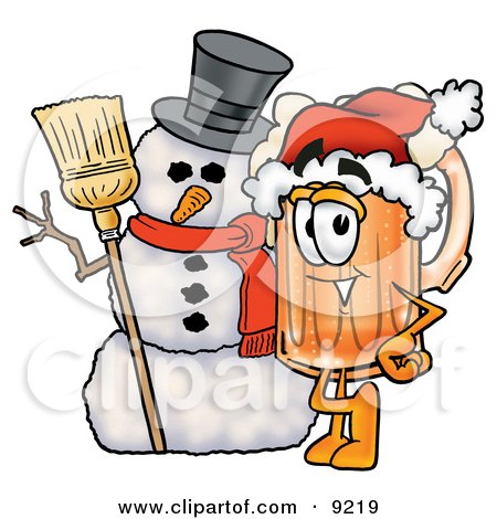 Clipart Picture of a Beer Mug Mascot Cartoon Character With a Snowman on Christmas by Mascot Junction