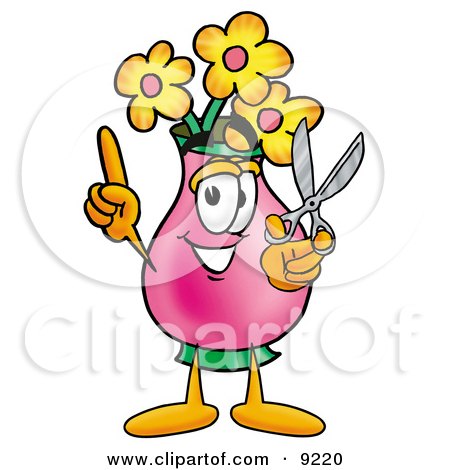 Clipart Picture of a Vase of Flowers Mascot Cartoon Character Holding a Pair of Scissors by Mascot Junction
