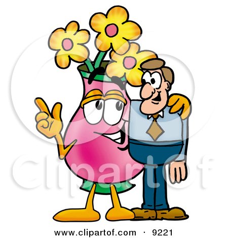 Clipart Picture of a Vase of Flowers Mascot Cartoon Character Talking to a Business Man by Mascot Junction