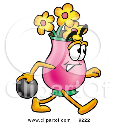 Clipart Picture of a Vase of Flowers Mascot Cartoon Character Holding a Bowling Ball by Mascot Junction