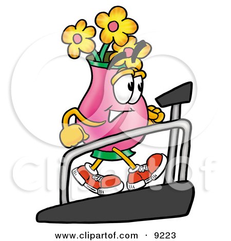 Clipart Picture of a Vase of Flowers Mascot Cartoon Character Walking on a Treadmill in a Fitness Gym by Mascot Junction