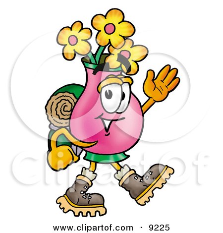 Clipart Picture of a Vase of Flowers Mascot Cartoon Character Hiking and Carrying a Backpack by Mascot Junction