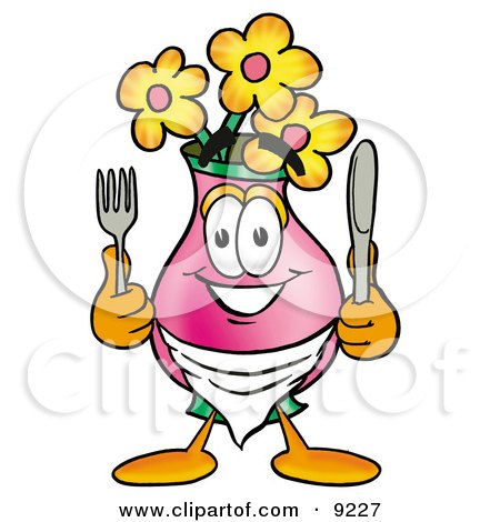 Clipart Picture of a Vase of Flowers Mascot Cartoon Character Holding a Knife and Fork by Mascot Junction