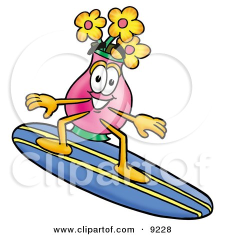 Clipart Picture of a Vase of Flowers Mascot Cartoon Character Surfing on a Blue and Yellow Surfboard by Mascot Junction