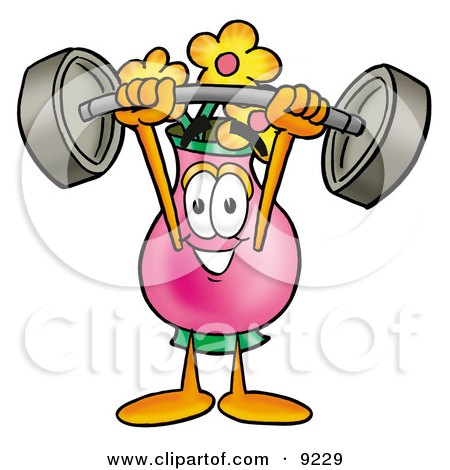 Clipart Picture of a Vase of Flowers Mascot Cartoon Character Holding a Heavy Barbell Above His Head by Mascot Junction
