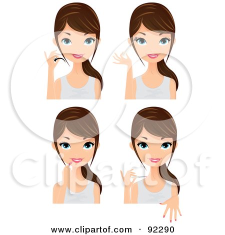 Royalty-Free (RF) Clipart Illustration of a Digital Collage Of A Brunette Caucasian Woman Applying False Lashes, Mascara, Lipstick And Nail Polish by Melisende Vector