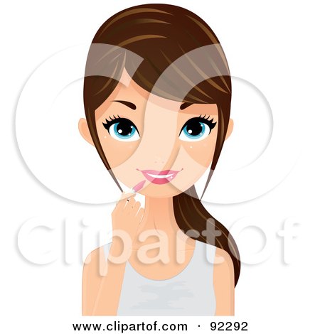 Royalty-Free (RF) Clipart Illustration of a Brunette Caucasian Woman Applying Pink Lipstick by Melisende Vector