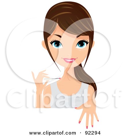 Royalty-Free (RF) Clipart Illustration of a Brunette Caucasian Woman Painting Her Nails Pink, Behind A White Sign Or Table by Melisende Vector