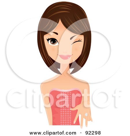 Royalty-Free (RF) Clipart Illustration of a Winking Brunette Caucasian Woman Holding Out Her Hand With A Diamond Ring On Her Finger by Melisende Vector