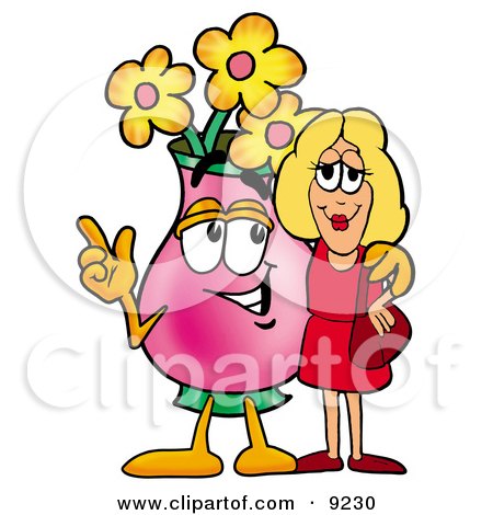 Clipart Picture of a Vase of Flowers Mascot Cartoon Character Talking to a Pretty Blond Woman by Mascot Junction