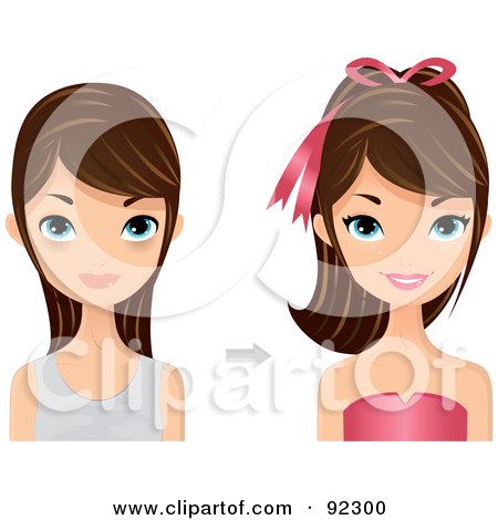 Royalty-Free (RF) Clipart Illustration of a Brunette Caucasian Woman Shown Before And After A Make Over by Melisende Vector
