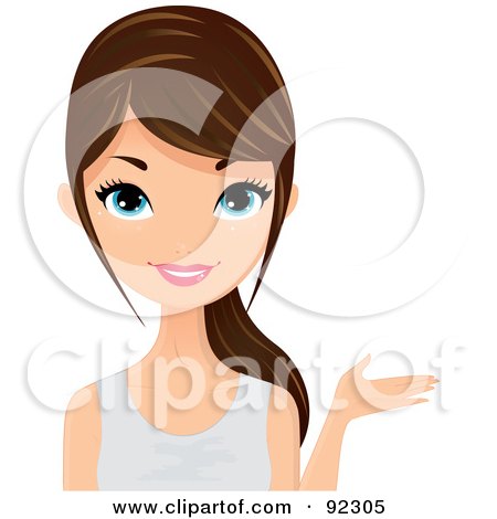 Royalty-Free (RF) Clipart Illustration of a Brunette Casual Caucasian Woman Presenting With One Hand by Melisende Vector