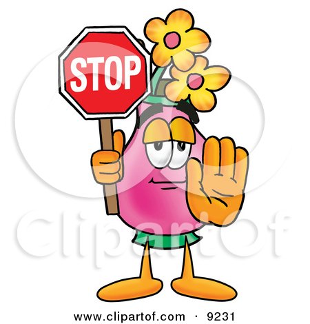 Clipart Picture of a Vase of Flowers Mascot Cartoon Character Holding a Stop Sign by Mascot Junction
