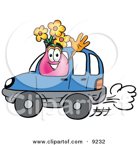 Clipart Picture of a Vase of Flowers Mascot Cartoon Character Driving a Blue Car and Waving by Mascot Junction