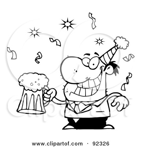Royalty-Free (RF) Clipart Illustration of an Outlined Drunk New Years Man Holding Beer by Hit Toon