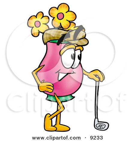 Clipart Picture of a Vase of Flowers Mascot Cartoon Character Leaning on a Golf Club While Golfing by Mascot Junction