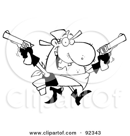Royalty-Free (RF) Clipart Illustration of an Outlined Outlaw Cowboy Holding Up Two Pistols by Hit Toon