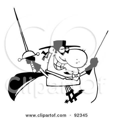 Royalty-Free (RF) Clipart Illustration of an Outlined Masked Man Holding A Sword And Swinging From A Rope by Hit Toon